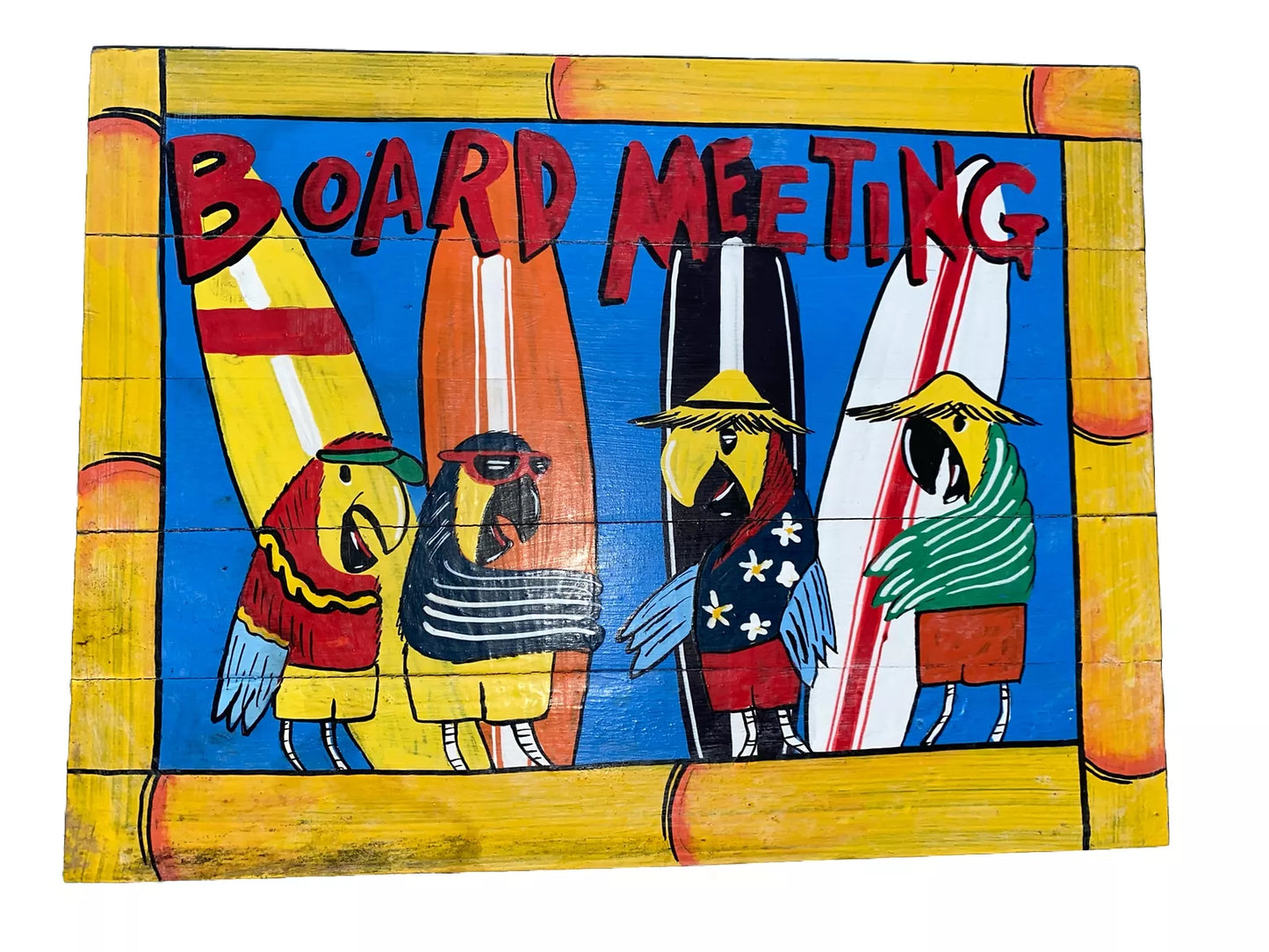 BOARD MEETING SURFBOARD PARROT HAND CARVED WOOD SIGN WALL ART TIKI