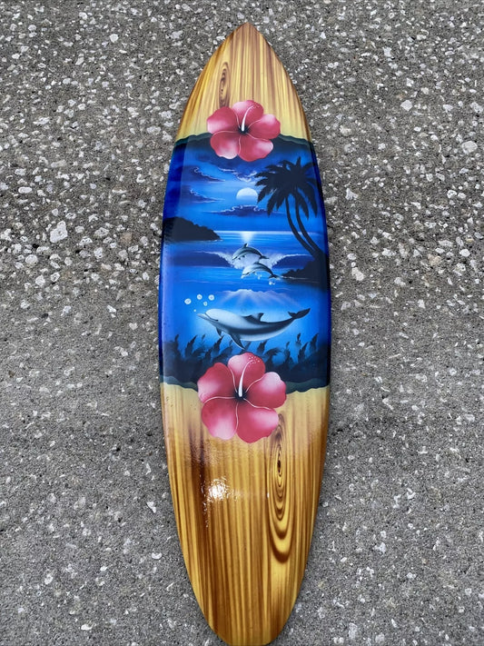 32” TROPICAL AIR BRUSHED PALM TREE DOLPHIN TIKI BAR CARVED WALL ART TIKI DECOR