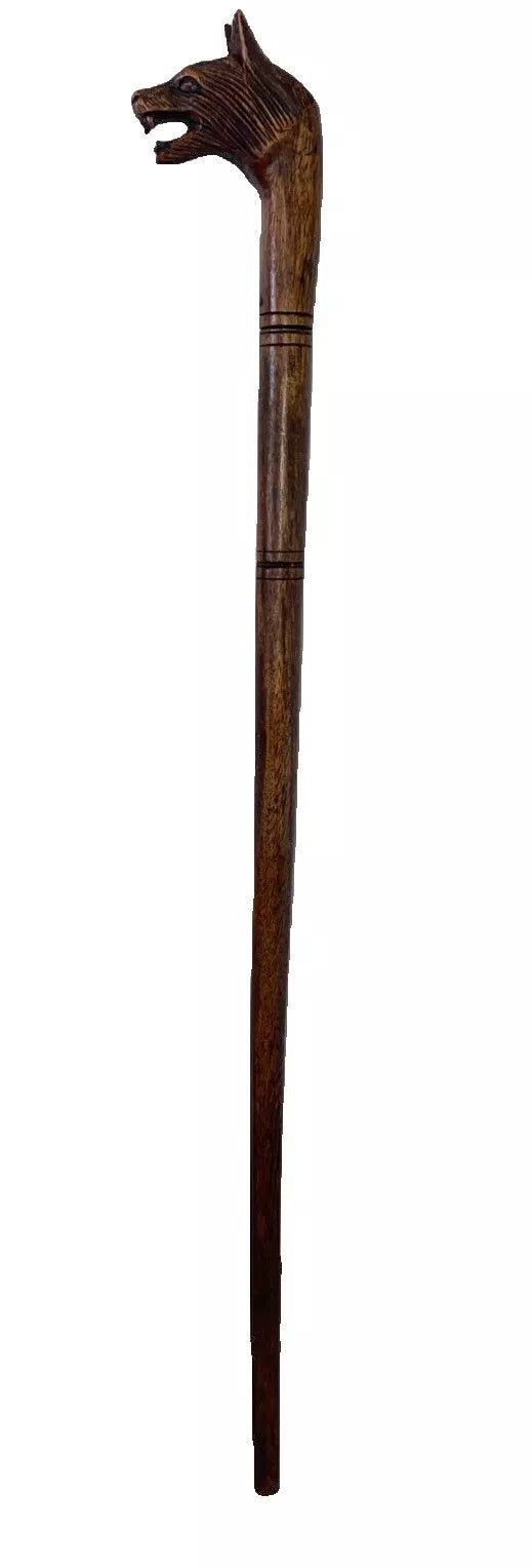WOLF NATURAL SUAR WOOD WALKING CANE HAND CARVED