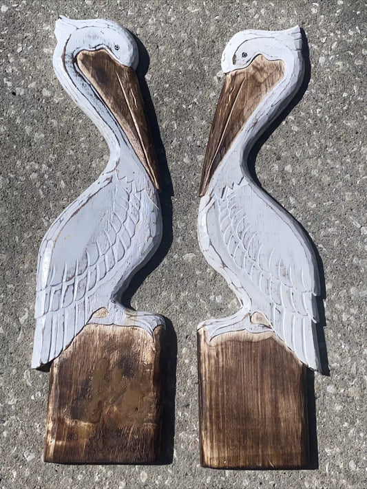 24” PELICAN SET OF 2 HAND CARVED WOOD BIRDS WALL ART PATIO HOME ISLAND DECOR
