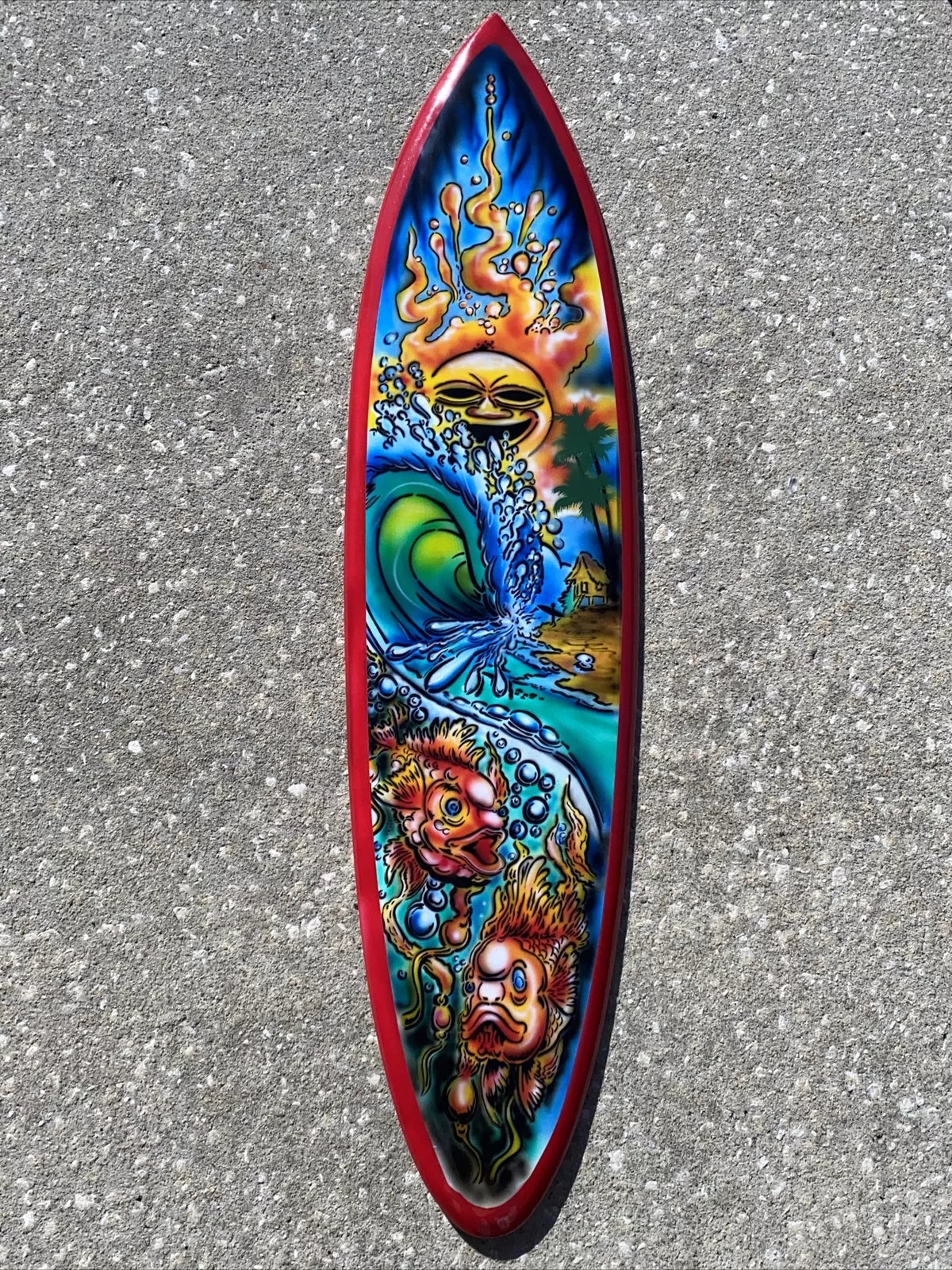 39” CRAZY SUN FISH PALM TREE AIRBRUSHED SURFBOARD SIGN WALL ART TIKI DECOR