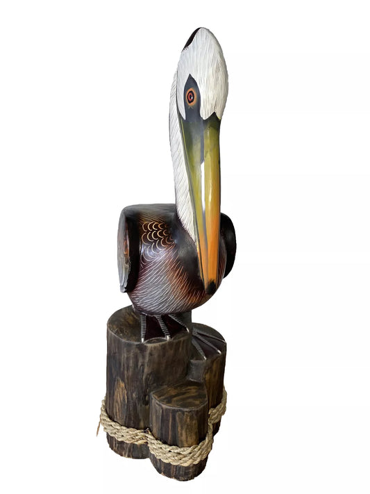 SITTING PELICAN ON PILING HAND CARVED WOOD TROPICAL SCULPTURE BIRD DECOR