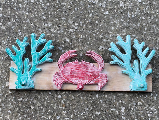 CRAB CORAL COAT HAT RACK WALL HANGING HAND CARVED WOOD TROPICAL Island DECOR
