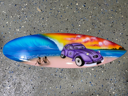 20” VW BUG AIR BRUSHED CARVED WOOD SIGN WALL ART TROPICAL PATIO TIKI DECOR