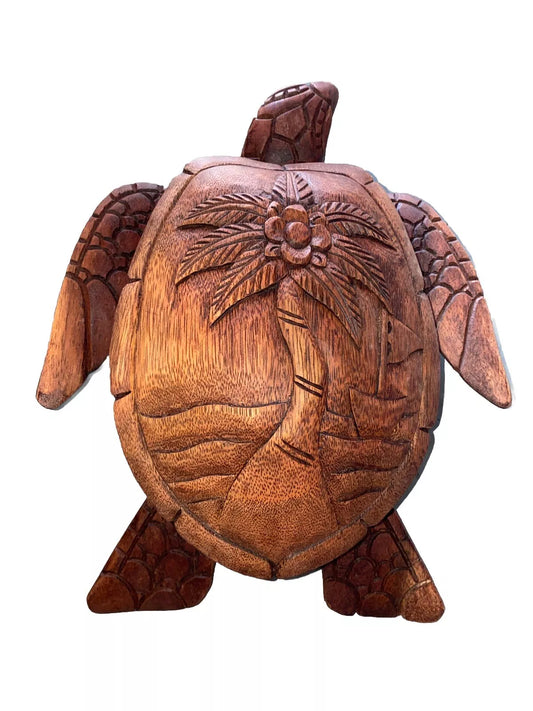 SEA TURTLE PALM TREE REMOVABLE LID HAND CARVED WOOD NAUTICAL DECOR TIKI