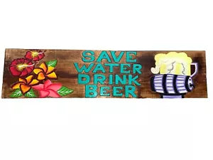 SAVE WATER DRINK BEER TIKI BAR CARVED WOOD SIGN WALL ART TROPICAL HOME DECOR