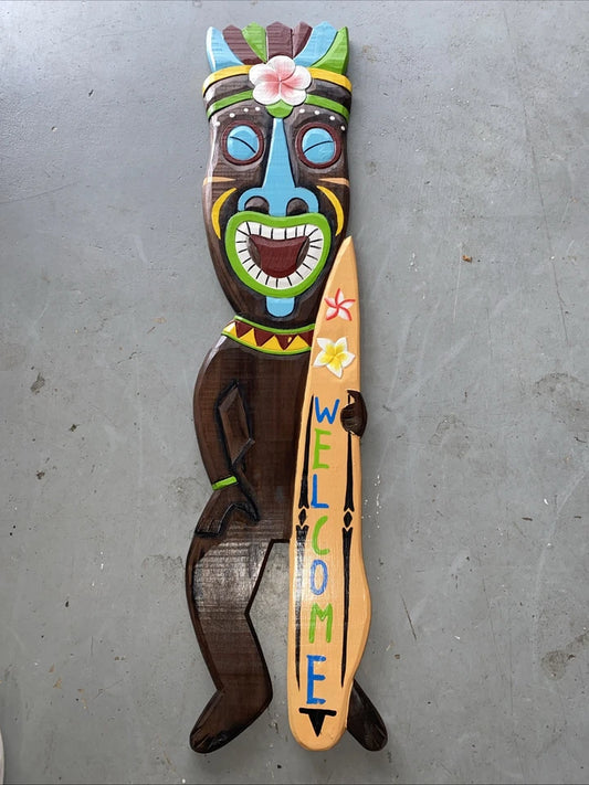 39" WELCOME TIKI BAR WARRIOR WITH SURFBOARD SIGN WALL ART TIKI DECOR