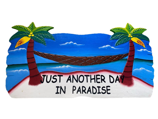 24” JUST ANOTHER DAY IN PARADISE PALM TREE HAMMOCK SIGN WALL ART TIKI DECOR